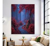 Impression Sur Toile, Déco Murale Pour Salon Et La Chambre, Feuilles D'Automne Forêt Chemin 30x40cm Tableau Mural Rouge Bleu, Peintures Sur Toile Sans Cadre, Paysage Tableau Peinture