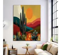 Impression Sur Toile Decoration Murale Peinture 50X70Cm Tableaux Art Décoratif Muraux Décoration Chambre - Sans Cadre Peinture - Désert Géométrique - Jaune Moutarde - Cactus Coucher De Soleil