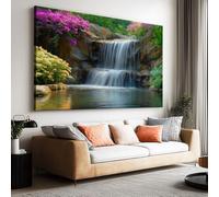 Impression sur Toile Decoration Murale Peinture Montagnes Cascade Fleurs Naturel 90x60 cm Tableau Artistique pour salle de bain chambre salon poster Décor Muraltoile unframed