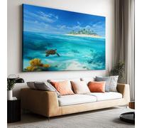 Impression sur Toile Decoration Murale Peinture Surréalisme mer île tortue 80x60 cm Tableau Artistique pour salle de bain chambre salon poster Décor Muraltoile unframed