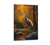 Impression sur toile décorative avec grue à couronne rouge, forêt de pins, ruisseau brumeux, rivage rocheux, habitat sauvage 40 x 60 cm