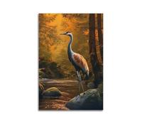 Impression sur toile décorative avec grue à couronne rouge, forêt de pins, ruisseau brumeux, rivage rocheux, habitat sauvage 40 x 60 cm