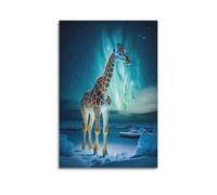 Impression sur toile décorative représentant une girafe dans l'aurore boréale 50 x 75 cm