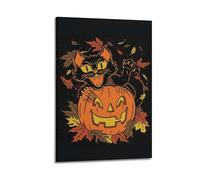 Impression sur toile d'Halloween avec motif chat noir et citrouille, lanterne et feuille d'érable - Décoration murale moderne pour chambre à coucher - 20 x 30 cm
