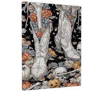 Impression sur toile d'Halloween motif bottes de cowboy - Impression sur toile de crâne de fleur noire et orange - Style occidental vintage - Décoration d'intérieur pour salon, chambre à coucher