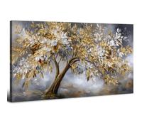 Impression sur Toile Doré Arbre de Vie 20x40in, Grande Décoration Murale Arbre de Vie pour Salon et Chambre, Vintage Tableau Arbre Dorées et Blanches Fond Gris, Tableau Mural Contemporain élégant