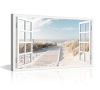 Impression sur toile effet fenêtre 3D vue sur la plage, décoration murale, paysage de mer, art mural pour chambre à coucher, bureau, décoration d'intérieur prête à être accrochée - 61x40.6 cm (lxH)