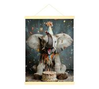 Impression sur toile éléphant à suspendre - Décoration murale festive - Pour gâteau d'anniversaire - Chapeau de fête d'anniversaire - Gris - 30,5 x 40,6 cm
