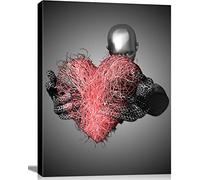 Impression sur toile encadrée avec cœur rouge en 3D - Effet sculpture romantique - Couple romantique - Salon - Noir et blanc - Moderne - Abstrait - Embrasser les amoureux - Pour chambre à coucher,