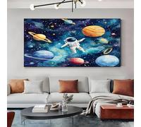 Impression sur Toile Espace Fantastique avec Cadre en Bois Bleu Tableau Decoration Murale pour Salon, Bureau ou Couloir, Prêt à Accrocher 50x100 cm