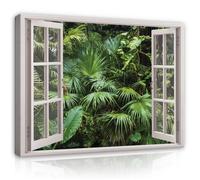Impression sur Toile Fenêtre 3D Jungle Tropical 100x75 cm XXL Tableau Décoration Murale Intissée pour Salon Chambre pret a accroche