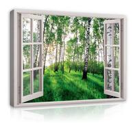 Impression sur Toile Fenêtre Forêt de bouleaux 3D 120x80 cm XXL Tableau Décoration Murale Intissée Salon Chambre pret a accroche