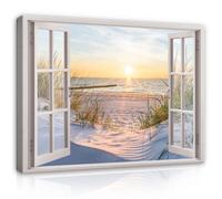Impression sur Toile Fenêtre Plage Mer 3D Effet 120x80 cm XXL Tableau Décoration Murale Intissée pour Salon Chambre pret a accroche