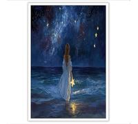 Impression sur Toile Fille Tenant Une Étoile Bord Mer Decoration Murale Peinture 60x90cm Tableaux Art Décoratif Vue Nocturne Plage Rêve Muraux Décoration pour Bureau Maison - Sans Cadre, Bleu Marine