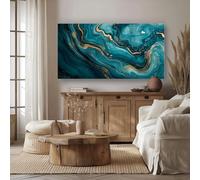 Impression sur Toile Fluide Texture de Marbre Tableau Decoration Murale Luxe Art Abstrait Peinture sur Toile Turquoise et Or Affiche Murale Moderne Salon Chambre Cuisine Cadre en Bois 50x100 cm