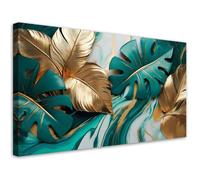 impression sur toile format décoratif universel Feuilles de monstera Or Marbre Turquoise décoration moderne 80x40 cm