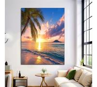 Impression sur Toile Îles Hawaïennes, États-Unis, Tableau Image sur Toile Coucher De Soleil Sur La Plage, Tableau Decoration Murale pour Salon Chambre Salle de bain 70L x 50l cm, Couleur Orange