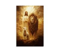 Impression sur toile inspirante de Jésus, lion et agneau - Décoration murale pour maison, église, salle de prière, galerie - 20 x 30 cm