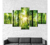 Impression sur Toile intissee 5 Parties Tableau Tableaux Decoration Murale Photo Image Artistique Photographie Graphique,tableau 5 parties Vert Forêt Soleil Rayons Soleil Paysage cadre,200x100cm