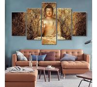 Impression sur Toile intissee 5 Parties Tableau Tableaux Decoration Murale Photo Image Artistique Photographie Graphique,tableau 5 parties Bouddhisme du Bouddha d'or cadre,tableau xxl 200x100cm