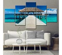 Impression sur Toile intissee 5 Parties Tableau Tableaux Decoration Murale Photo Image Artistique Photographie Graphique,tableau 5 parties Plage Vacances Chalet Paysage cadre,tableau xxl 200x100cm