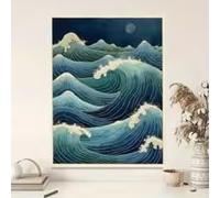 Impression sur toile japonaise Ukiyo-e extra large représentant une vague océanique - Peinture côtière bleu marine et turquoise, décoration murale minimaliste (75 x 110 cm/enveloppement galerie)