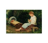 Impression sur toile « Knitting Girl Watching The Toddler in A Craddle》 Masterpiece » - Décoration murale d'intérieur - 30 x 45 cm
