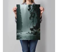 Impression sur Toile Loup De La Rivière Forest Image Peinture Tableaux de la Mur Forêt De Pins Brumeuse Affiche Sans Cadre Décoration Murale pour Salon, Chambre, Salle de Bain, 60x90cm, Vert Olive