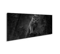 Impression sur toile Luchs debout sur un rocher dans la forêt Noir et blanc 100 x 50 cm