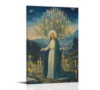 Impression sur toile minimaliste - Poster religieux de la Vierge Marie enchanteresse avec bougies lumineuses dans un paysage pittoresque moderne pour décoration de salon - 20 x 30 cm