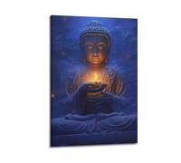 Impression sur Toile Moderne Affiche Bouddha avec Lampe Brûlante qui Transmet la Force Pacifique Guérison Art Décoratif 40x60cm Style Cadre