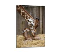 Impression sur toile moderne avec girafe, maman s'embrassant et bébé, décoration chaude pour chambre d'enfant, chambre d'enfant, chambre d'enfant, salle de bain, couloir, salle de jeux (20 x 30 cm)