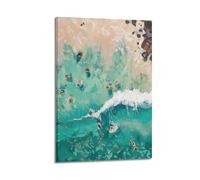 Impression sur toile moderne d'album photo de famille - Affiche de paysage aquarelle avec amateurs de plage et vagues 50 x 75 cm