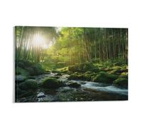 Impression sur toile moderne de forêt verte, belle forêt, soleil, rivière, mousse, affiche d'œuvre d'art pour décoration murale d'intérieur, salon, chambre à coucher, 60 x 90 cm
