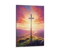 Impression sur toile moderne de style famille - Affiche chrétienne de grande croix sur le sommet d'une colline avec paysage panoramique au coucher du soleil - Affiche d'œuvre d'art pour décoration de