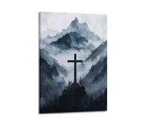 Impression sur toile moderne de style famille, silhouette chrétienne, silhouette de croix dans un paysage montagneux - Œuvre d'art avec cadre - 50 x 75 cm
