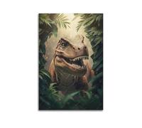 Impression sur toile moderne - Décoration murale - Affiche fantaisie T - Rex dans la jungle - Peinture préhistorique et passionnante - 20 x 30 cm - Style sans cadre