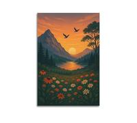 Impression sur toile moderne - Impression sur toile - Paysage - Coucher de soleil, montagnes, rivières, nature poétique - 50 x 75 cm - Style sans cadre