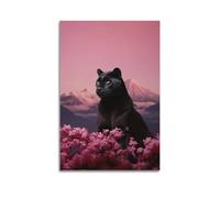 Impression sur toile moderne - Panthère avec fleurs roses et montagnes enneigées - Super élégante - Mystérieuse et élégante - Améliore le goût de l'espace - 40 x 60 cm