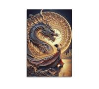 Impression sur toile moderne pour décoration murale d'intérieur - Affiche de mythe - Dragon doré et femme en robe rouge mystérieuse et choquante - Ajout d'une atmosphère fantastique aux études - 60 x