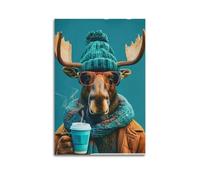 Impression sur toile moderne pour décoration murale familiale, affiche d'animal avec élan cool avec café, chapeau tricoté, lunettes, ambiance hivernale confortable, art décoratif sans cadre, 50 x 75