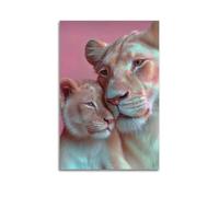 Impression sur toile moderne pour la maison - Affiche d'art lionne et ourson affectueuse montre l'amour maternel Charme Peinture décorative 50 x 75 cm sans cadre