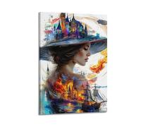 Impression sur toile moderne pour la maison - Affiche de personnage femme avec château et voilier dans un chapeau injecte de la fantaisie et du pouvoir romantique dans les studios d'art fantastiques