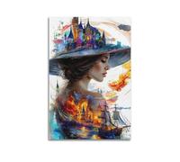 Impression sur toile moderne pour la maison - Affiche de personnage femme avec château et voilier dans un chapeau injecte de la fantaisie et du pouvoir romantique dans les studios d'art fantastiques