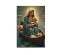 Impression sur toile moderne pour la maison, affiche religieuse Madonna et l'enfant dans un bateau de lotus, peinture décorative sans cadre 30 x 45 cm