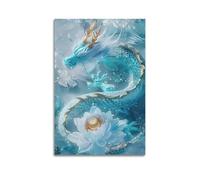 Impression sur toile moderne pour la maison - Poster animal dragon bleu agile à côté du lotus transmet un charme mystérieux et éthéré aux salles d'étude, espaces esthétiques orientaux, pièces zen, art