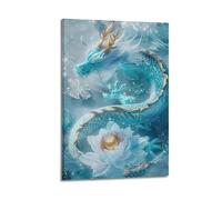 Impression sur toile moderne pour la maison - Poster animal dragon bleu agile à côté du lotus transmet un charme mystérieux et éthéré aux salles d'étude, espaces esthétiques orientaux, pièces zen, art