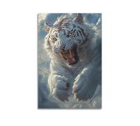 Impression sur toile moderne pour la maison - Poster animal tigre blanc rugissant dans le ciel injecte un pouvoir courageux et dominateur dans les salles de jeux, gymnases courageux, espace à thème