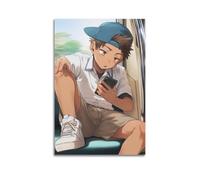 Impression sur toile moderne pour la maison - Poster Anime garçon utilisant un téléphone scène décontractée peinture décorative 50 x 75 cm sans cadre