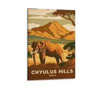 Impression sur toile moderne pour la maison - Poster de paysage Kenya Chyulus Hills éléphant décoration rétro (1) 30 x 45 cm style cadre